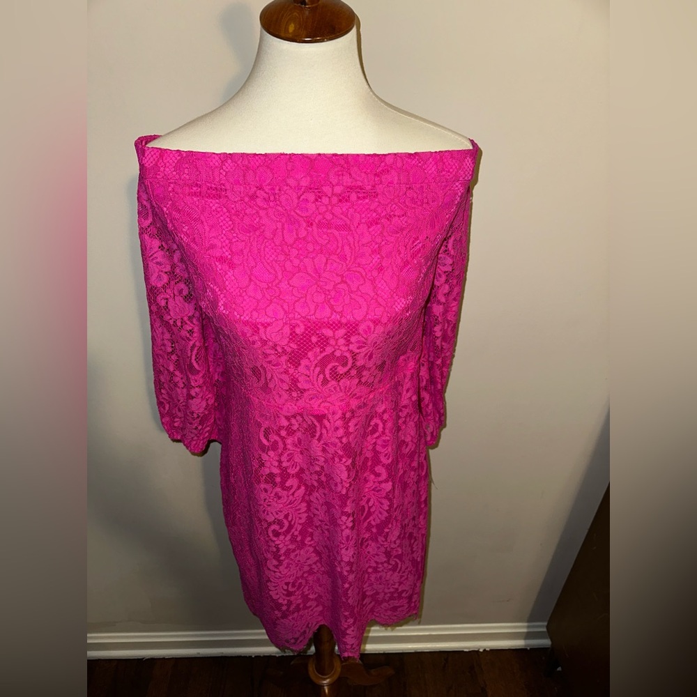 Trina Turk Fuchsia Hot Pink Lace Off the Shoulder Dress - Picture 3 of 16